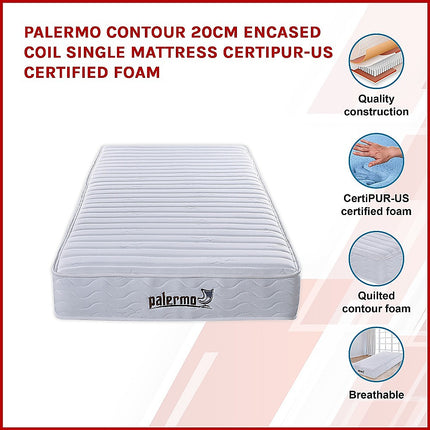 Palermo Contour 20cm Encased Coil Single Mattress CertiPUR-US Certified Foam