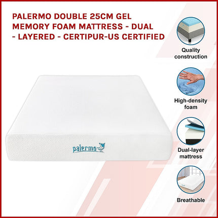 Palermo Double 25cm Gel Memory Foam Mattress - Dual-Layered - CertiPUR-US Certified