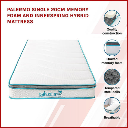 Palermo Single 20cm Memory Foam and Innerspring Hybrid Mattress