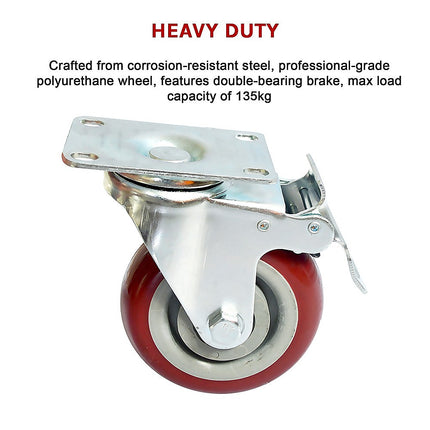 4 x 4" Heavy Duty PU Swivel Castor Wheels With Brake