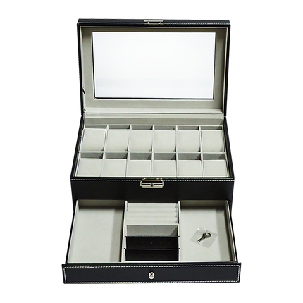 12 Grids Watch Display Case Leather jewellery Storage Box Organiser Lock Key