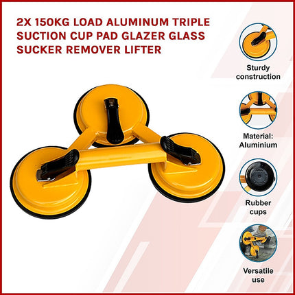 2x 150kg Load Aluminum Triple Suction Cup Pad Glazer Glass Sucker Remover Lifter