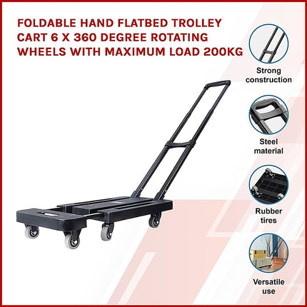 Foldable Hand Flatbed Trolley Cart 6 x 360 Degree Rotating Wheels with Maximum Load 200Kg