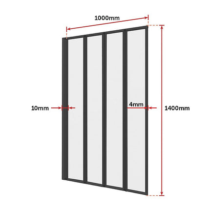 4 Fold Black Folding Bath Shower Screen Door Panel 1000 x 1400mm