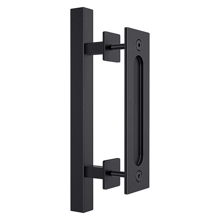12" Square Pull and Flush Door Handle Set Black Barn Door Hardware