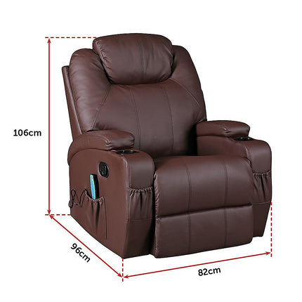 Brown Massage Sofa Chair Recliner 360 Degree Swivel PU Leather Lounge 8 Point Heated