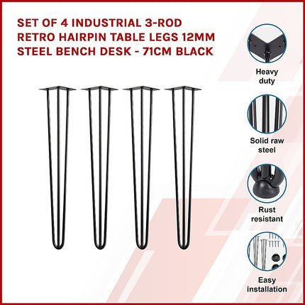 Set of 4 Industrial 3-Rod Retro Hairpin Table Legs 12mm Steel Bench Desk - 71cm Black