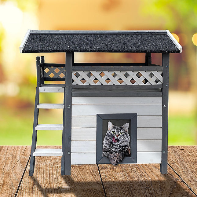 Cat House Weatherproof 2-Story Indoor Outdoor Wooden Shelter Bitumen Roof