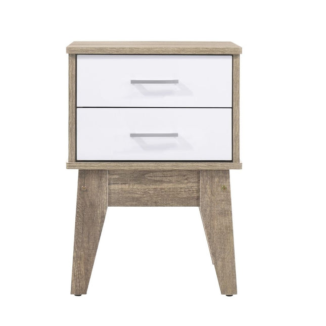Wooden 2 Drawers Bedside Table in Light Oak Finish with White Accent