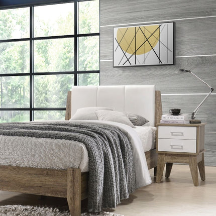 Wooden 2 Drawers Bedside Table in Light Oak Finish with White Accent