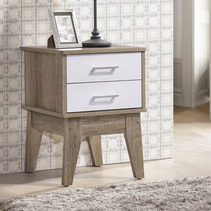 Wooden 2 Drawers Bedside Table in Light Oak Finish with White Accent