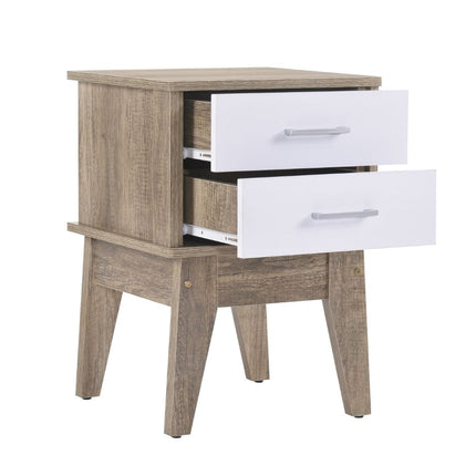 Wooden 2 Drawers Bedside Table in Light Oak Finish with White Accent