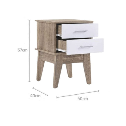 Wooden 2 Drawers Bedside Table in Light Oak Finish with White Accent