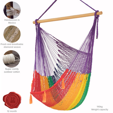 Mayan Legacy Extra Large Outdoor Cotton Mexican Hammock Chair in Rainbow Colour