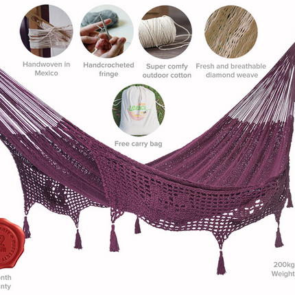Mayan Legacy King Size Deluxe Outdoor Cotton Mexican Hammock in Maroon Colour