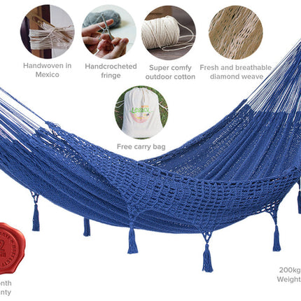 Mayan Legacy Queen Size Deluxe Outdoor Cotton Mexican Hammock in Blue Colour