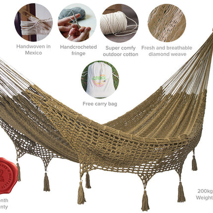 Mayan Legacy Queen Size Deluxe Outdoor Cotton Mexican Hammock in Cedar Colour