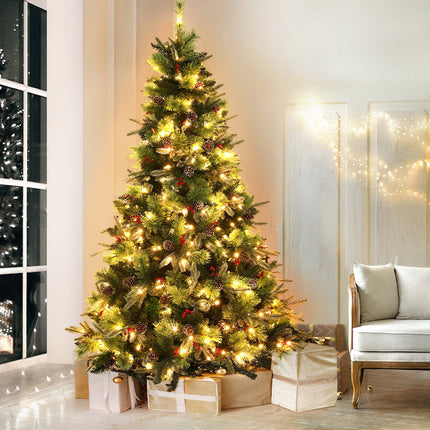 Jingle Jollys 2.1M Christmas Tree with Pine Cones Red Berries Prelit Warm Lights