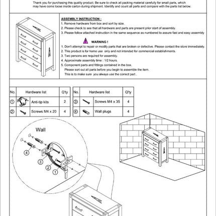 Tallboy with 4 Storage Drawers Assembled in Oak Colour Solid Wooden