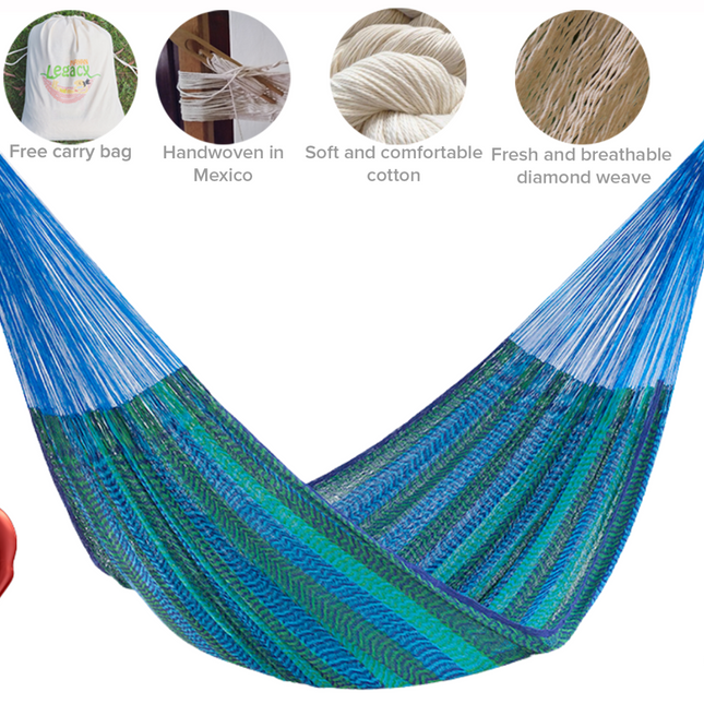 Mayan Legacy Jumbo Size Cotton Mexican Hammock in Caribe Colour