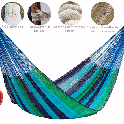 Mayan Legacy Queen Size Cotton Mexican Hammock in Oceanica Colour