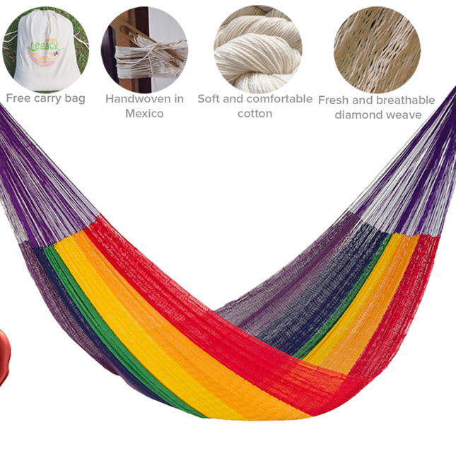 Mayan Legacy Queen Size Cotton Mexican Hammock in Rainbow Colour