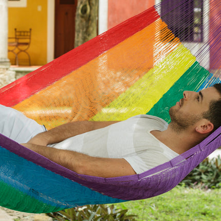 Mayan Legacy King Plus Size Nylon Mexican Hammock in Rainbow Colour