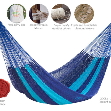 Mayan Legacy King Size Outdoor Cotton Mexican Hammock in Caribbean Blue Colour