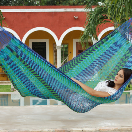 Mayan Legacy Jumbo Size Outdoor Cotton Mexican Hammock in Caribe Colour