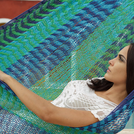 Mayan Legacy Queen Size Outdoor Cotton Mexican Hammock in Caribe Colour