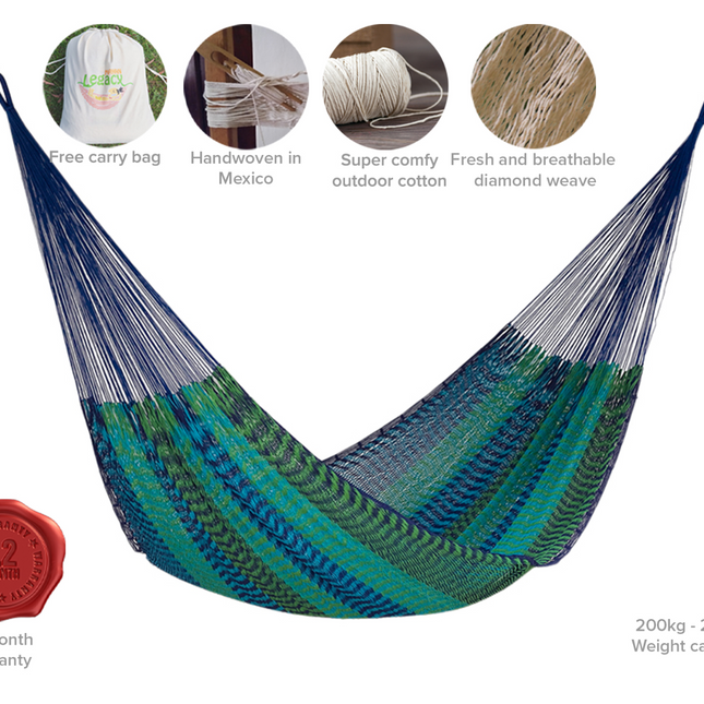 Mayan Legacy Jumbo Size Outdoor Cotton Mexican Hammock in Caribe Colour