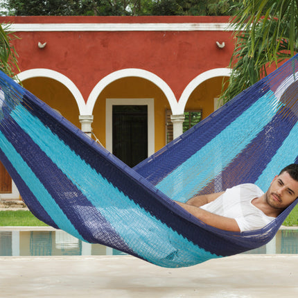 Mayan Legacy King Size Outdoor Cotton Mexican Hammock in Caribbean Blue Colour