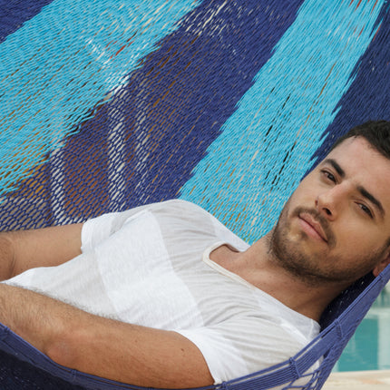 Mayan Legacy King Size Outdoor Cotton Mexican Hammock in Caribbean Blue Colour