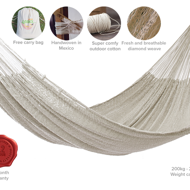 Mayan Legacy King Size Outdoor Cotton Mexican Hammock in Cream Colour