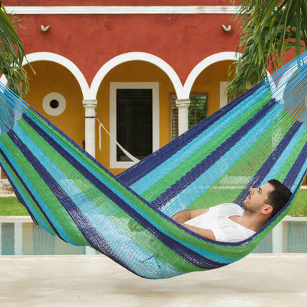 Mayan Legacy Queen Size Outdoor Cotton Mexican Hammock in Oceanica Colour
