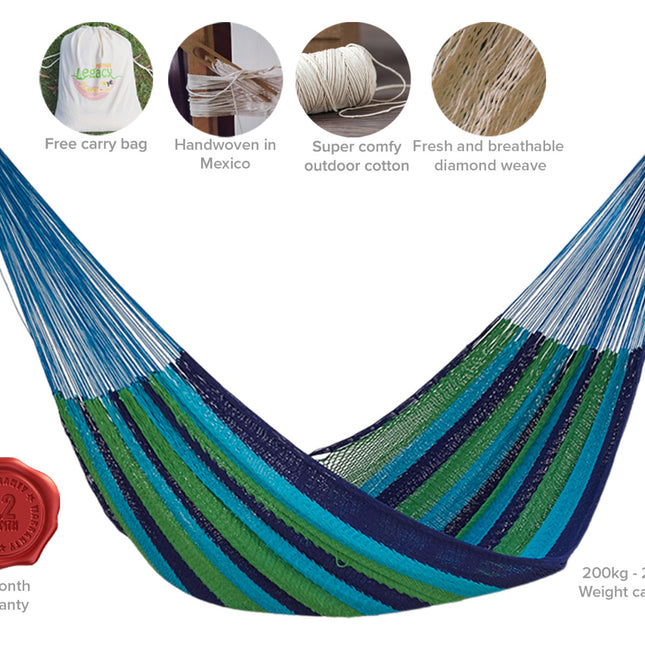 Mayan Legacy Jumbo Size Outdoor Cotton Mexican Hammock in Oceanica Colour