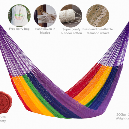 Mayan Legacy Queen Size Outdoor Cotton Mexican Hammock in Rainbow Colour