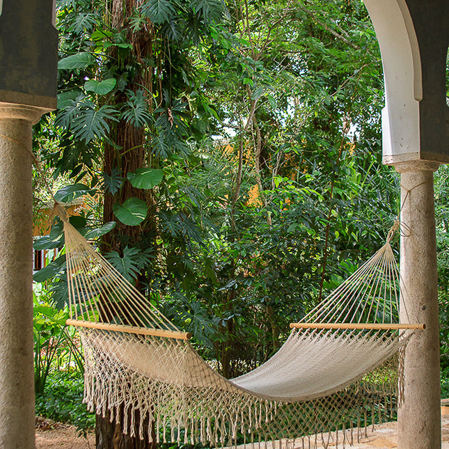 Mayan Legacy King Size Outdoor Cotton Mexican Resort Hammock With Fringe in Cream Colour