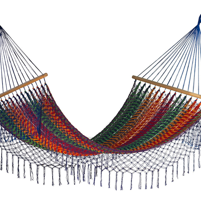 Mayan Legacy Queen Size Outdoor Cotton Mexican Resort Hammock With Fringe in Mexicana Colour