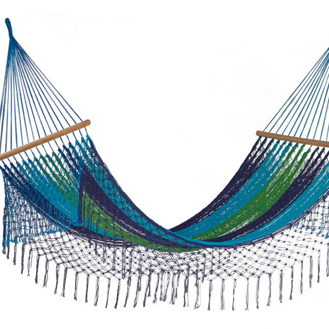 Mayan Legacy Queen Size Outdoor Cotton Mexican Resort Hammock With Fringe in Oceanica Colour