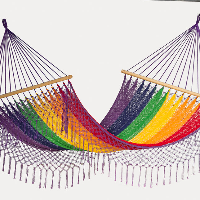 Mayan Legacy Queen Size Outdoor Cotton Mexican Resort Hammock With Fringe in Rainbow Colour