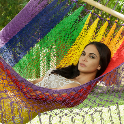 Mayan Legacy Queen Size Outdoor Cotton Mexican Resort Hammock With Fringe in Rainbow Colour