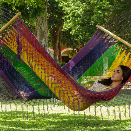 Mayan Legacy Queen Size Outdoor Cotton Mexican Resort Hammock With Fringe in Rainbow Colour