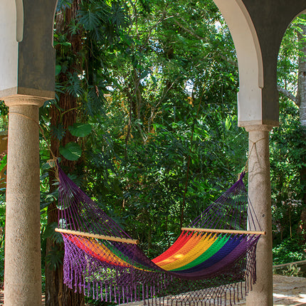Mayan Legacy Queen Size Outdoor Cotton Mexican Resort Hammock With Fringe in Rainbow Colour