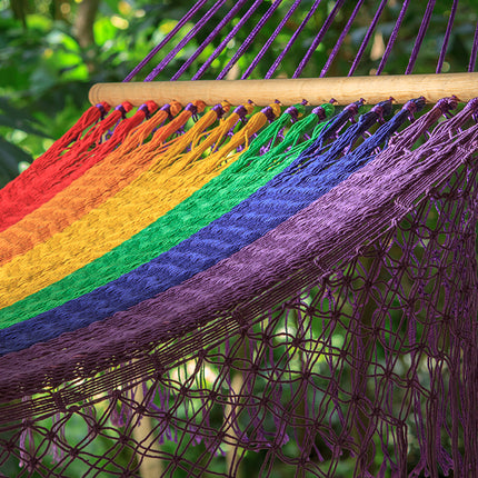Mayan Legacy Queen Size Outdoor Cotton Mexican Resort Hammock With Fringe in Rainbow Colour
