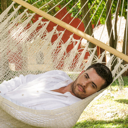 Mayan Legacy Queen Size Outdoor Cotton Mexican Resort Hammock No Fringe in Cream Colour