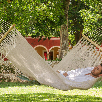 Mayan Legacy Queen Size Outdoor Cotton Mexican Resort Hammock No Fringe in Cream Colour