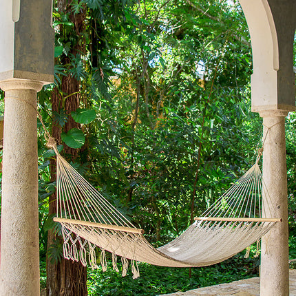 Mayan Legacy Queen Size Outdoor Cotton Mexican Resort Hammock No Fringe in Cream Colour