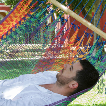 Mayan Legacy Queen Size Outdoor Cotton Mexican Resort Hammock No Fringe in Mexicana Colour
