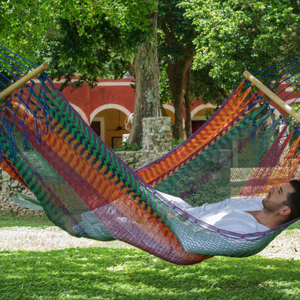 Mayan Legacy Queen Size Outdoor Cotton Mexican Resort Hammock No Fringe in Mexicana Colour